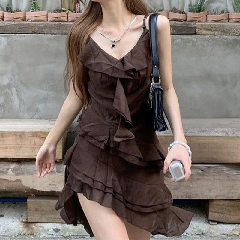 Women Brown V Neck Ruffle Layered Camisole Dress Slim Fit Casual Irregular Hem Mini Dress
Women Brown V Neck Ruffle Layered Camisole Dress Slim Fit Casual Irregular Hem Mini Dress