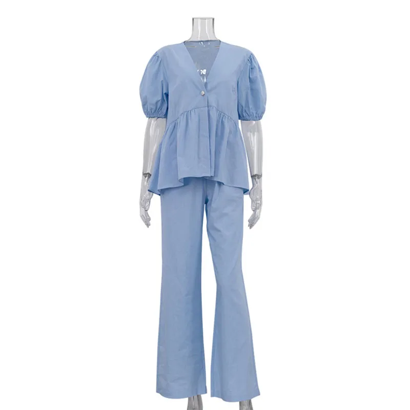 Iridesse V-neck puff sleeve, blouse top, wide-leg pants, two-piece set, women new, cotton commuter suit
Iridesse V-neck puff sleeve, blouse top, wide-leg pants, two-piece set, women new, cotton commuter suit
