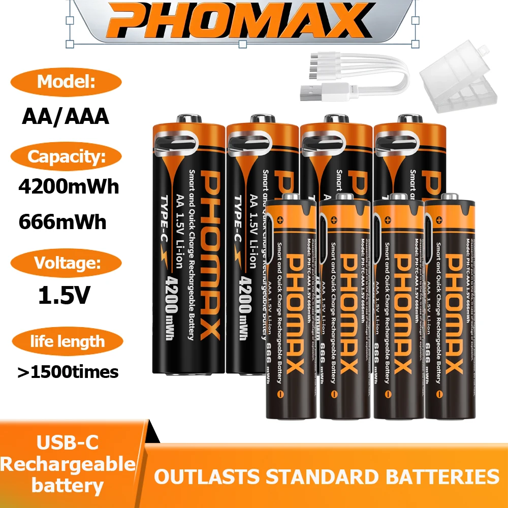 PHOMAX Li-ion AA/AAA Rechargeable Batteries USB Lithium-ion 4200mWh 666mWh 1.5V AA/AAA Rechargeable Battery For Toys Remote
PHOMAX Li-ion AA/AAA Rechargeable Batteries USB Lithium-ion 4200mWh 666mWh 1.5V AA/AAA Rechargeable Battery For Toys Remote