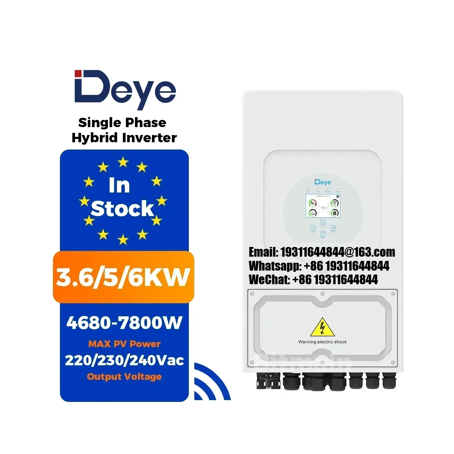 Склад ЕС Deye на складе SUN-5K-SG03LP1-EU однофазный солнечный гибридный инвертор 3,6 кВт 5 кВт 6 кВт для дома
Склад ЕС Deye на складе SUN-5K-SG03LP1-EU однофазный солнечный гибридный инвертор 3,6 кВт 5 кВт 6 кВт для дома
