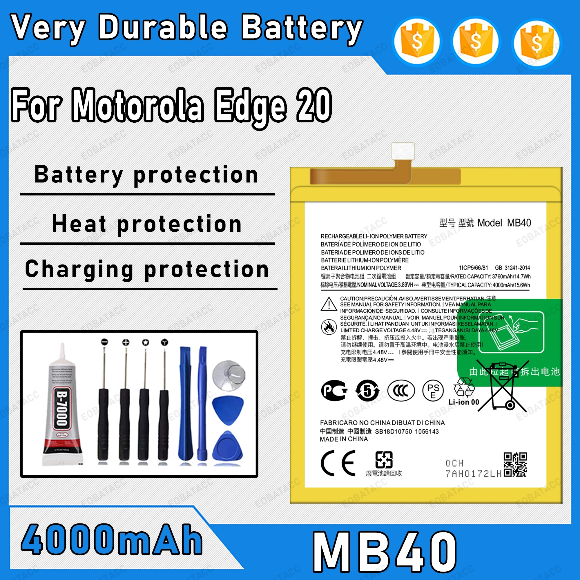 4000mAh 100% New MB40 Battery For Motorola Edge 20 Replacement Bateria+Free Tools
4000mAh 100% New MB40 Battery For Motorola Edge 20 Replacement Bateria+Free Tools