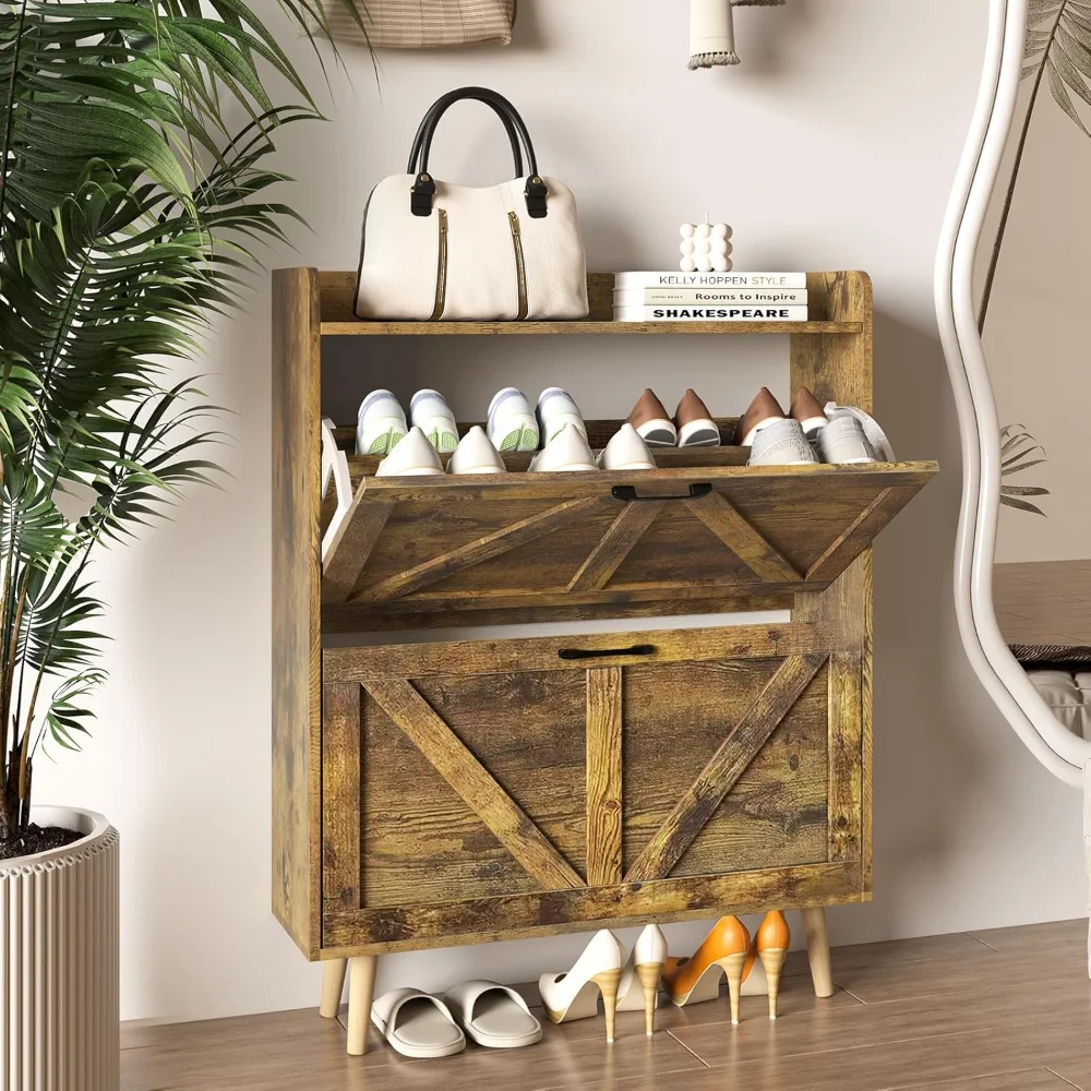 Shoe storage cabinet with 2 flip drawers, large organizer cabinet with hidden rack for entryway, wooden legs, rustic brown。
Shoe storage cabinet with 2 flip drawers, large organizer cabinet with hidden rack for entryway, wooden legs, rustic brown。