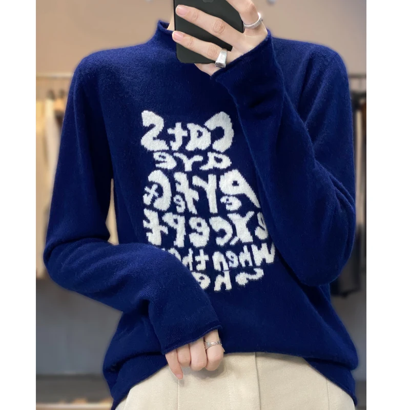 Fashionable And Age-Reducing Youth Department! Letter Jacquard Sweater Half Turtleneck Slim Fit 100% Wool Knit Women's Sweater
Fashionable And Age-Reducing Youth Department! Letter Jacquard Sweater Half Turtleneck Slim Fit 100% Wool Knit Women's Sweater