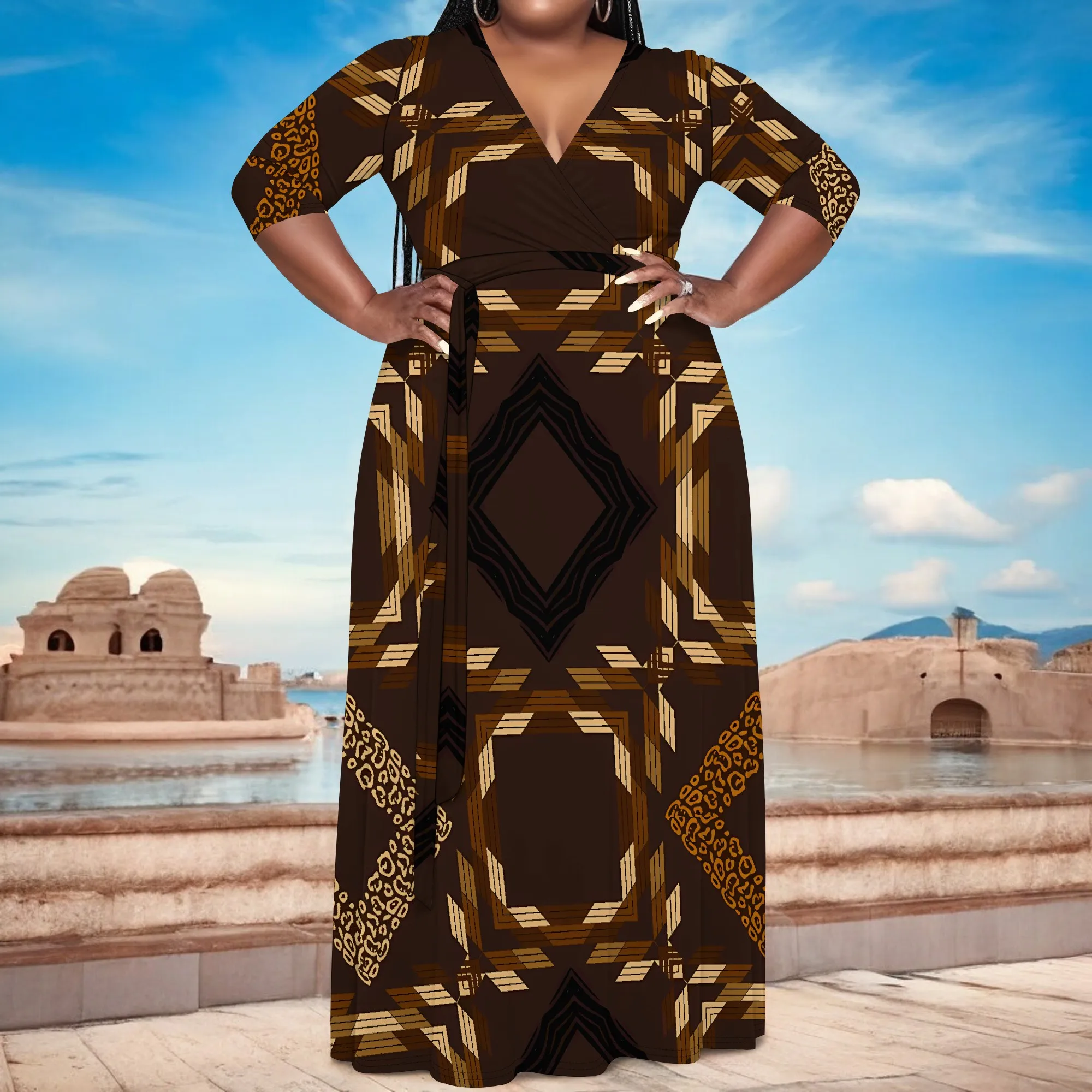 Plus Size Tribal Geometric Print V Neck Maxi Wrap Dress with 3/4 Sleeves for Women Chic Look
Plus Size Tribal Geometric Print V Neck Maxi Wrap Dress with 3/4 Sleeves for Women Chic Look