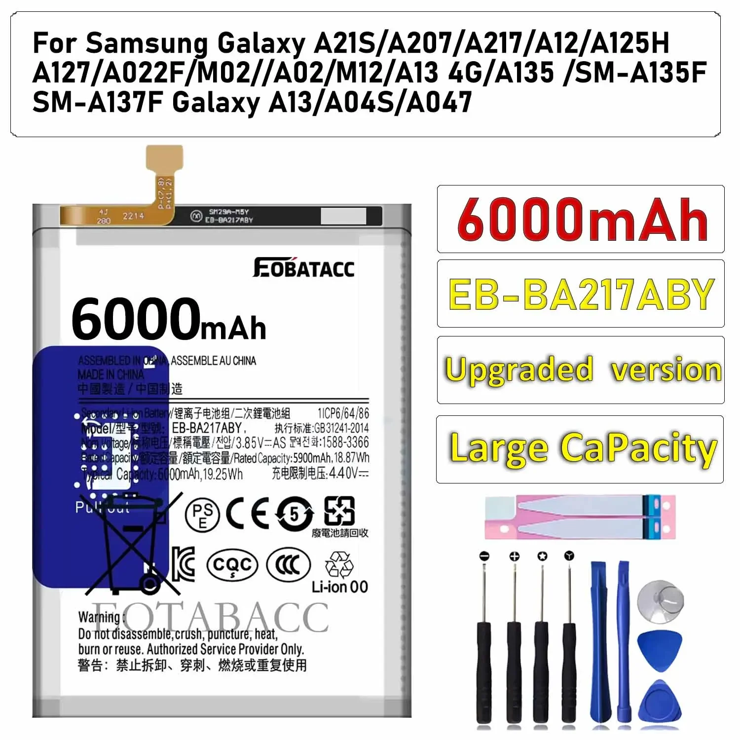 EOTABACC 100% New Original Battery EB-BA217ABY 6000mAh For Samsung A21S/A207/A217/A12/A125H/A127/A022F/M02/M12 Battery +Tools
EOTABACC 100% New Original Battery EB-BA217ABY 6000mAh For Samsung A21S/A207/A217/A12/A125H/A127/A022F/M02/M12 Battery +Tools