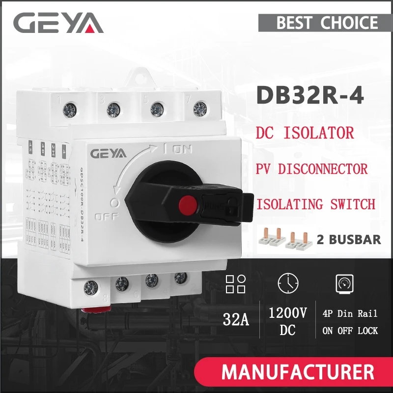 GEYA DB32R DC солнечный изолятор фотоэлектрический разъединитель 1200 В постоянного тока 32A 4P Din-рейка вращающаяся ручка солнечный изолирующий переключатель
GEYA DB32R DC солнечный изолятор фотоэлектрический разъединитель 1200 В постоянного тока 32A 4P Din-рейка вращающаяся ручка солнечный изолирующий переключатель
