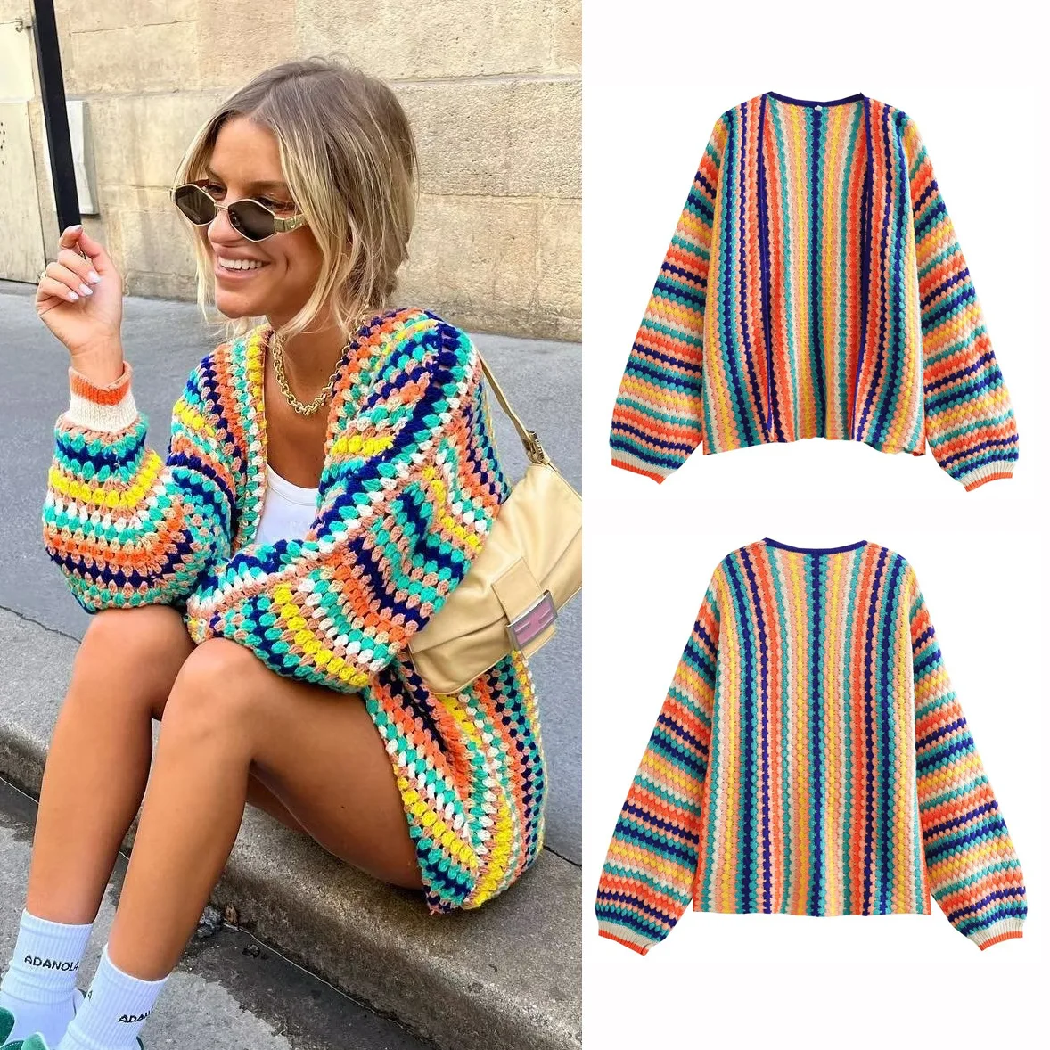 Rainbow Stripe Knitted Cardigan Coat Women Fashion Streetwear Contrast Color Long Sleeve Loose Knitwear Sweater Coats Top Female
Rainbow Stripe Knitted Cardigan Coat Women Fashion Streetwear Contrast Color Long Sleeve Loose Knitwear Sweater Coats Top Female