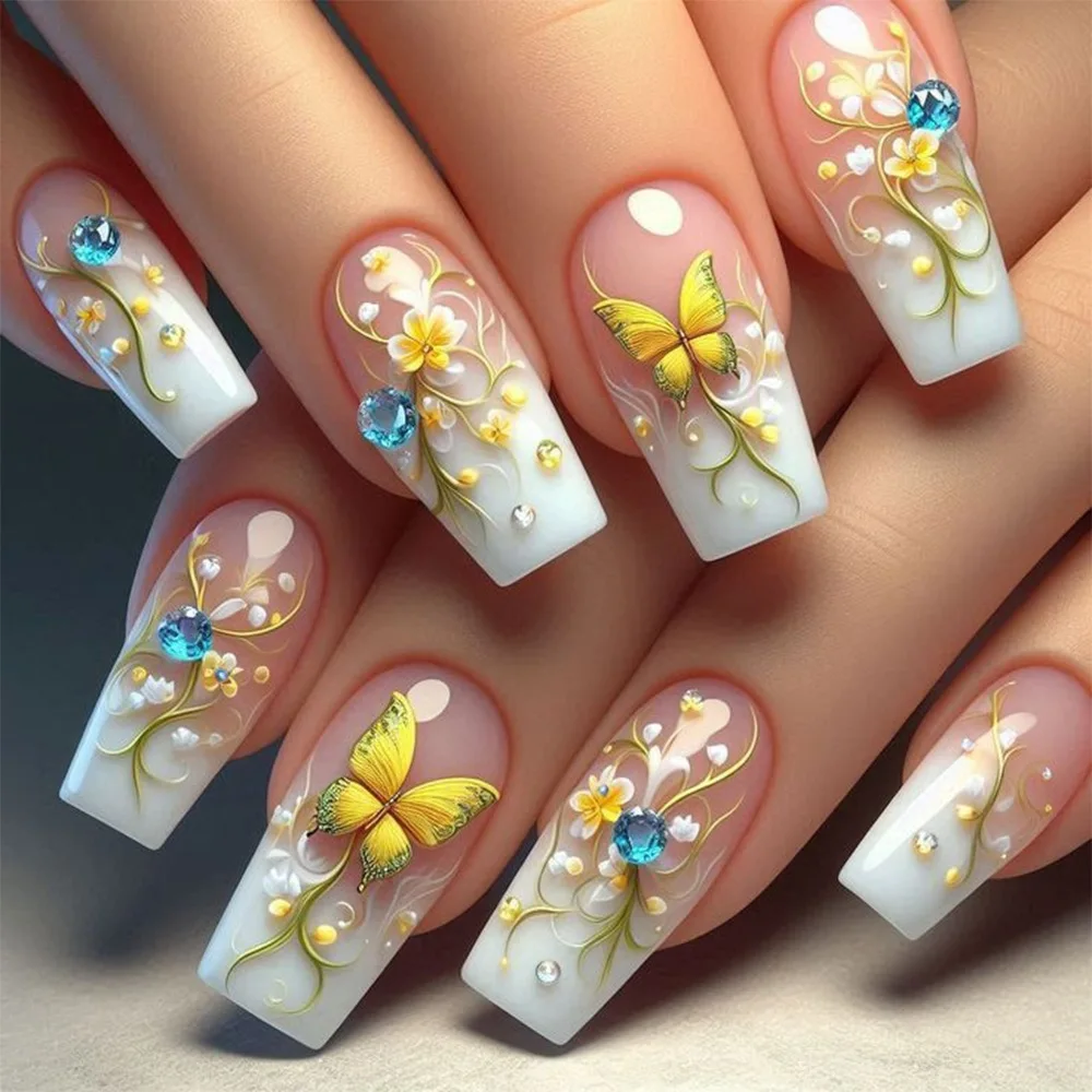 24PCS White Gradient French False Nails Sweet Flower Butterfly Patterns Yellow Coffin Ins Fake Nail Full Cover Wearable Press On
24PCS White Gradient French False Nails Sweet Flower Butterfly Patterns Yellow Coffin Ins Fake Nail Full Cover Wearable Press On