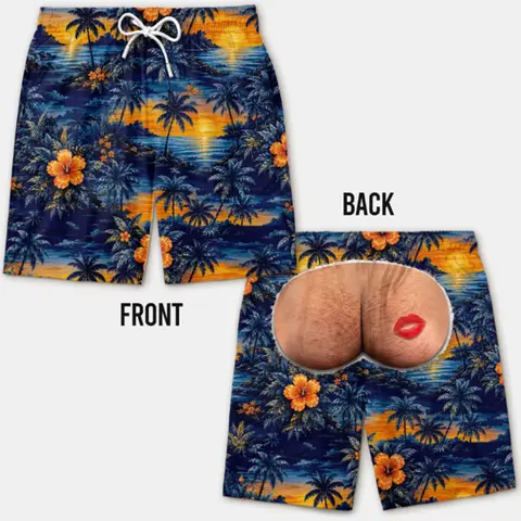 Tropical Hawaiian Style Prank Swim Trunks Funny 3D Butt With Red Lip Board Shorts Beach Short Pants Hilarious Summer Party Gift
