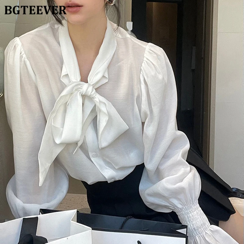 BGTEEVER Elegant Bow Neck Ladies Solid Blouses Tops Autumn Winter Fashion Loose Single-breasted Flare Sleeve Women Shirts 
BGTEEVER Elegant Bow Neck Ladies Solid Blouses Tops Autumn Winter Fashion Loose Single-breasted Flare Sleeve Women Shirts