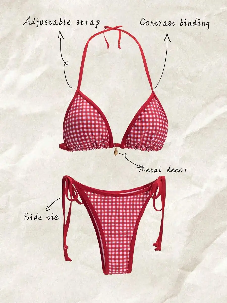 Womens Plaid Print Adjustable Strap Side Tie Bikini Set With Metal Decor
Womens Plaid Print Adjustable Strap Side Tie Bikini Set With Metal Decor