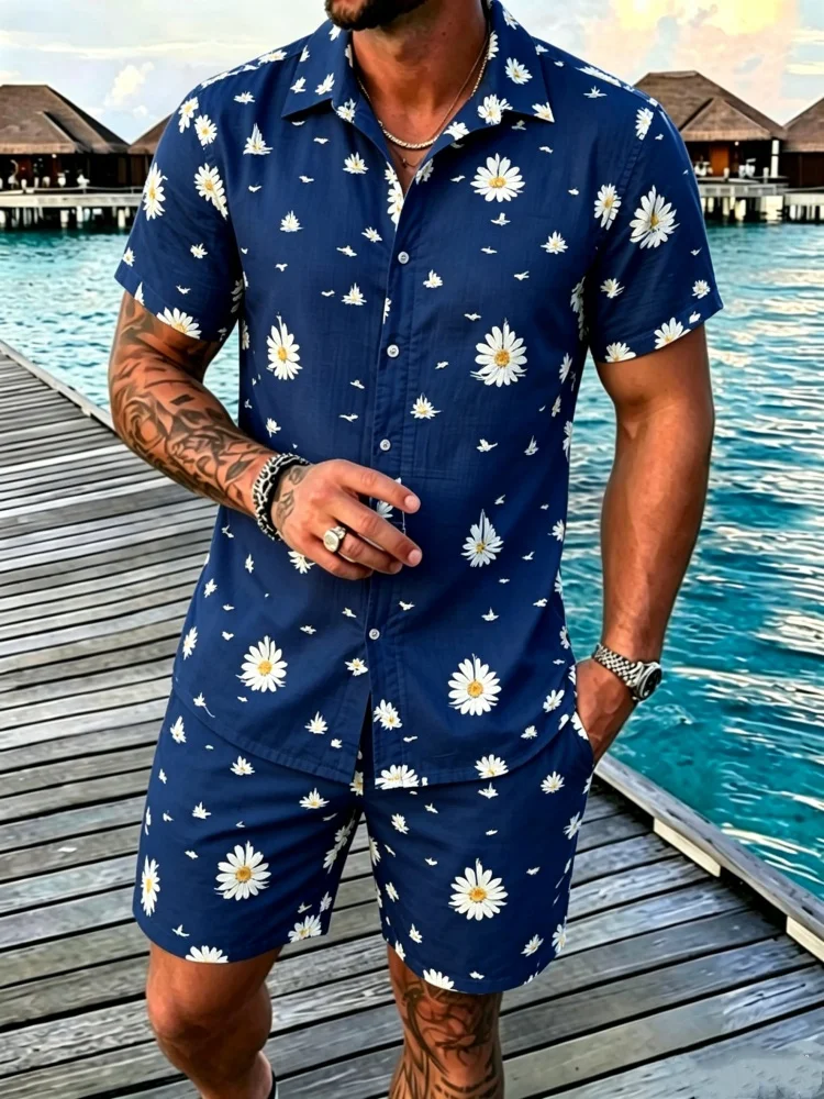 Men's Short Sleeve Lapel Shirt & Shorts Set, Loose Comfort Daisy Print Casual Summer Outfit
Men's Short Sleeve Lapel Shirt & Shorts Set, Loose Comfort Daisy Print Casual Summer Outfit