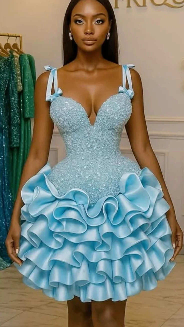 New Light Blue African Prom Dress 2026 Beaded Short Homecoming Dress Tiered Ruffles Satin Party Gown for Black Women Customized
New Light Blue African Prom Dress 2026 Beaded Short Homecoming Dress Tiered Ruffles Satin Party Gown for Black Women Customized