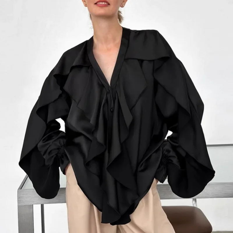 Ruffled V-Neck Shirt Women's Elegant Solid Loose Casual Long Sleeve Shirt Top Fashion Button Commuting Shirt Female Y2k
Ruffled V-Neck Shirt Women's Elegant Solid Loose Casual Long Sleeve Shirt Top Fashion Button Commuting Shirt Female Y2k