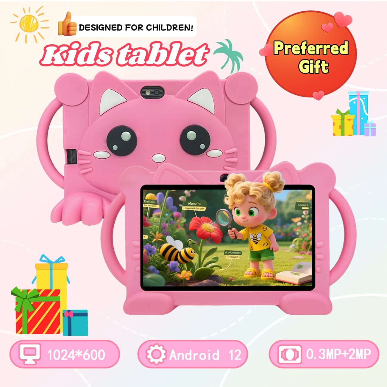 7-inch kids tablet, Android, dual camera, WIFI, Fall prevention, parental control, installation of learning software
7-inch kids tablet, Android, dual camera, WIFI, Fall prevention, parental control, installation of learning software