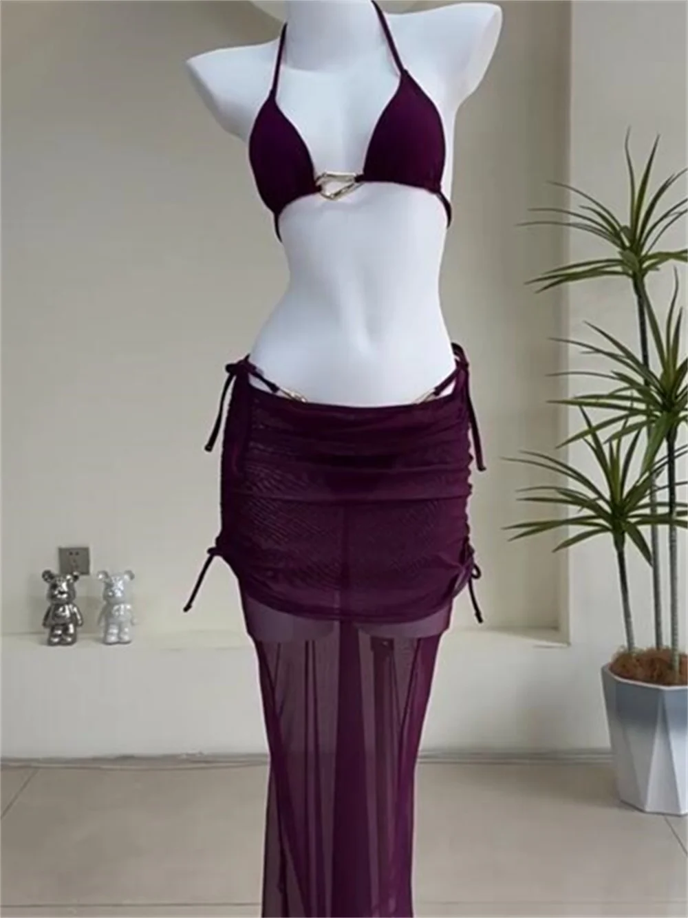 Dark Purple Bikini Metal-decor Mesh Gauzy Cover Skirt Women Backless Lace Up Vacation Swimwear Beach Outfit 3 Piece Sexy Bikinis
Dark Purple Bikini Metal-decor Mesh Gauzy Cover Skirt Women Backless Lace Up Vacation Swimwear Beach Outfit 3 Piece Sexy Bikinis
