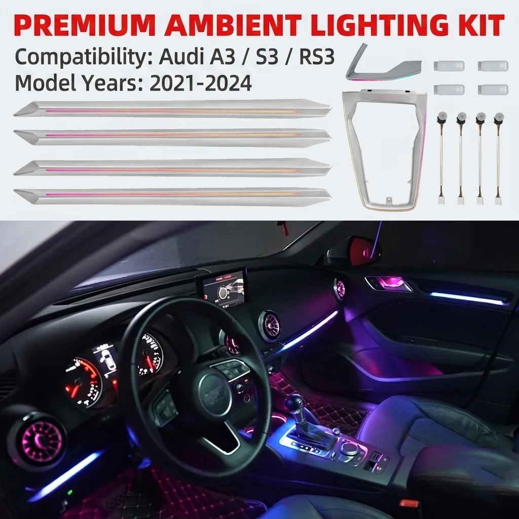 Car Ambient Light For Audi A3 L A3L 8Y 2021-2024 Interior 26 Leds Laser Carving Dashboard Saddle Door Atmosphere Lamp LED Kit BT
Car Ambient Light For Audi A3 L A3L 8Y 2021-2024 Interior 26 Leds Laser Carving Dashboard Saddle Door Atmosphere Lamp LED Kit BT