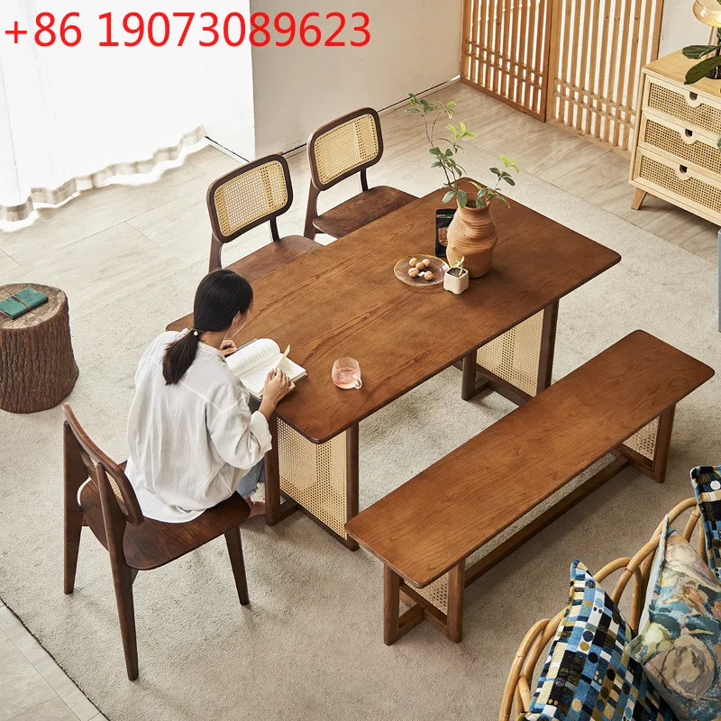Ash wood rattan dining table and chair combination retro simple bench chair walnut solid wood table
Ash wood rattan dining table and chair combination retro simple bench chair walnut solid wood table