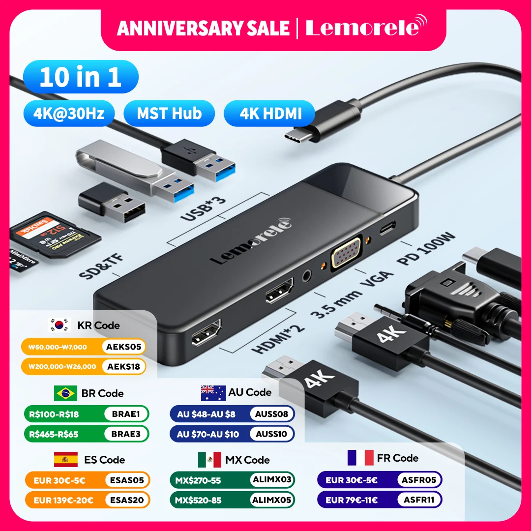 Lemorele USB-C Hub 10Ports Docking Station USB Type C to Dual HDMI 4K 30Hz VGA USB 3.0 Adapter PD100W SD Card Reader for MacBook
Lemorele USB-C Hub 10Ports Docking Station USB Type C to Dual HDMI 4K 30Hz VGA USB 3.0 Adapter PD100W SD Card Reader for MacBook