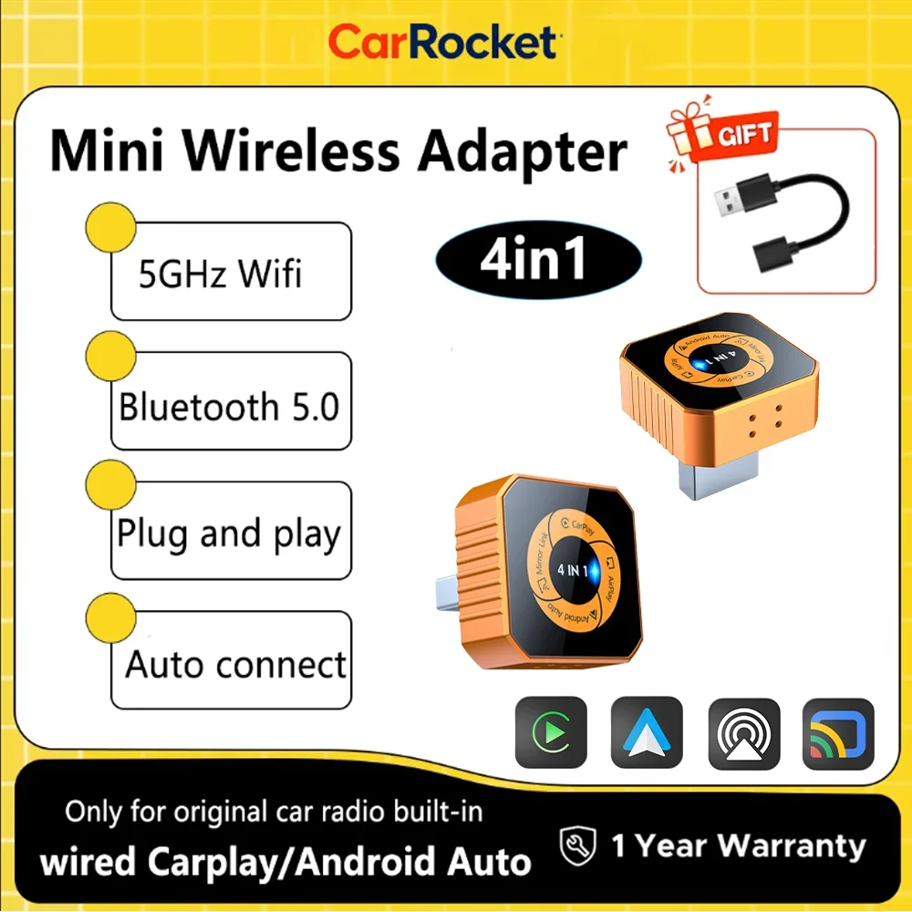 CarRocket 4in1 Wireless Carplay Adapter for Airplay Mirror Link WiFi+BT Smart Car System Projection Screen CarPlay Android Auto
CarRocket 4in1 Wireless Carplay Adapter for Airplay Mirror Link WiFi+BT Smart Car System Projection Screen CarPlay Android Auto