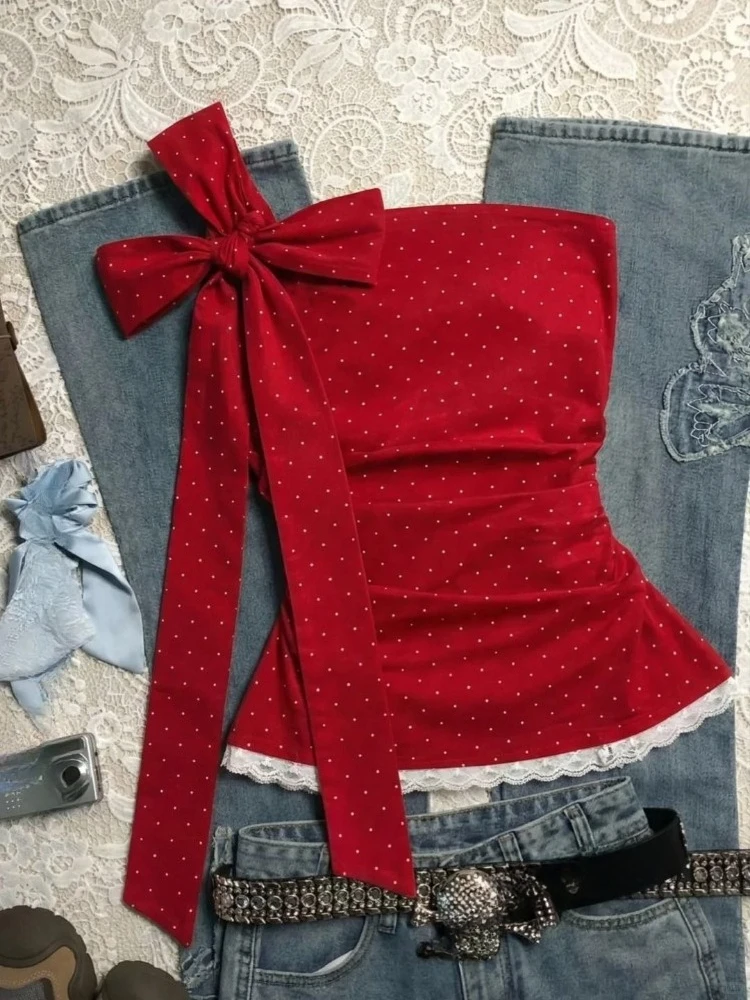 Red Polka Dot Bow Tie Strapless T-shirt Women Cute Sweet Lace Slim Fit Tube Top Summer Y2K Sexy Subculture Fashion Blouse 2026
Red Polka Dot Bow Tie Strapless T-shirt Women Cute Sweet Lace Slim Fit Tube Top Summer Y2K Sexy Subculture Fashion Blouse 2026