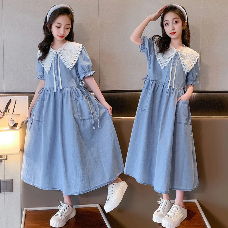 2024 Korean Summer School Girl Dress Elementary Girl Lace Hollow Out Bowknot Lapel One-piece Dress Junior Girl Denim Dress
2024 Korean Summer School Girl Dress Elementary Girl Lace Hollow Out Bowknot Lapel One-piece Dress Junior Girl Denim Dress