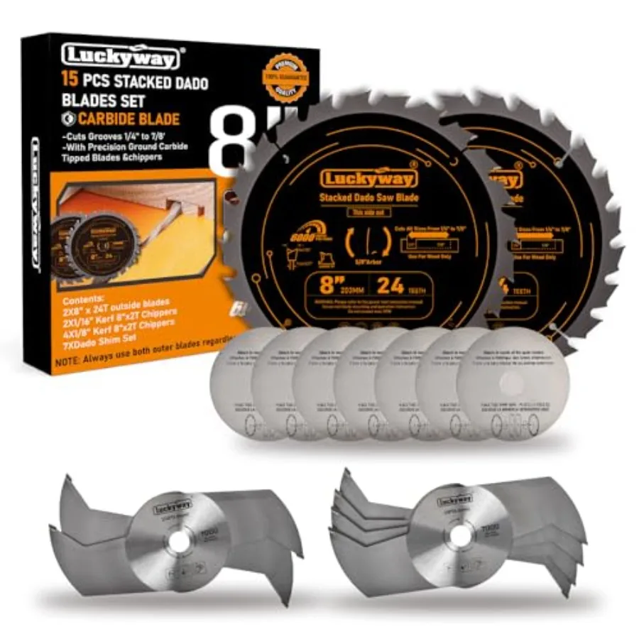 Dado Blade Set 8 Inch Stacked Dado Blades for 10" Table Saw 24T Tungsten Carbide Tipped with 5/8 Inch Arbor Cutting Width from
Dado Blade Set 8 Inch Stacked Dado Blades for 10" Table Saw 24T Tungsten Carbide Tipped with 5/8 Inch Arbor Cutting Width from