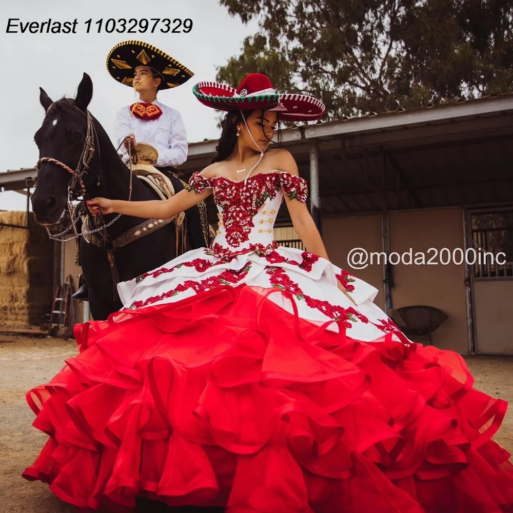 EVLAST Mexican Charro Red White Quinceanera Dress Ball Gown Applique Beading Ruffles Corset Sweet 16 Vestido De 15 Anos TQD927
EVLAST Mexican Charro Red White Quinceanera Dress Ball Gown Applique Beading Ruffles Corset Sweet 16 Vestido De 15 Anos TQD927