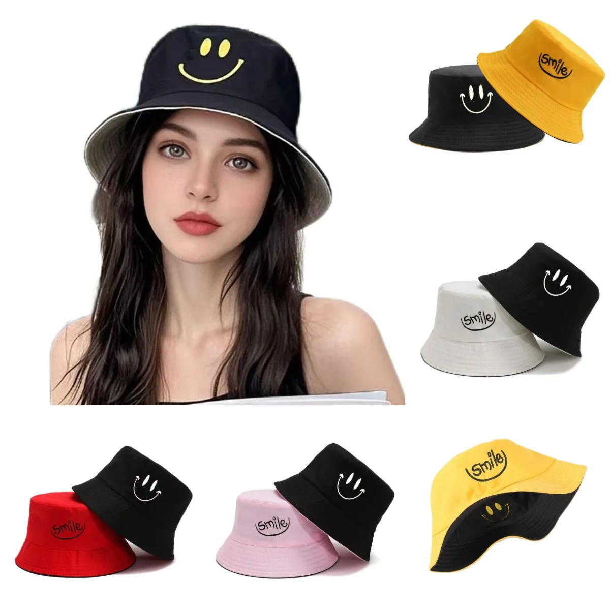 Spring Fall Winter Fisherman Hat Reversible Happy Face Smiling Embrodery Cotton Casual Flat Top Double Side Bucket Hat For Women
Spring Fall Winter Fisherman Hat Reversible Happy Face Smiling Embrodery Cotton Casual Flat Top Double Side Bucket Hat For Women