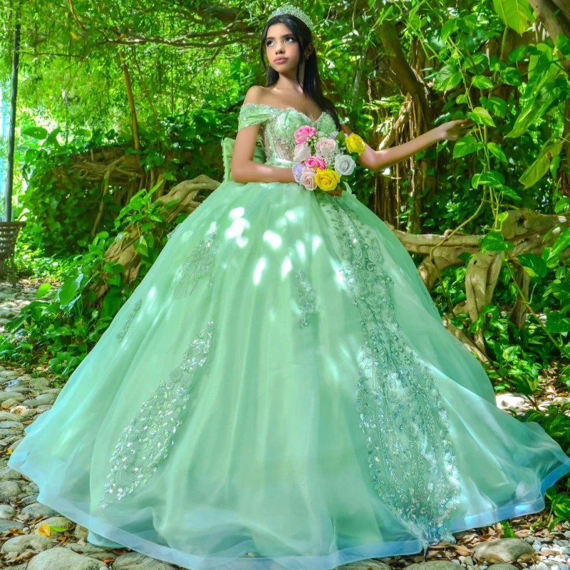 Green Shiny Quinceanera Dresses Off The Shoulder Sequin Applique Lace Beading Crystal Bow Tull Party Birthday Sweet 16 Dress
Green Shiny Quinceanera Dresses Off The Shoulder Sequin Applique Lace Beading Crystal Bow Tull Party Birthday Sweet 16 Dress
