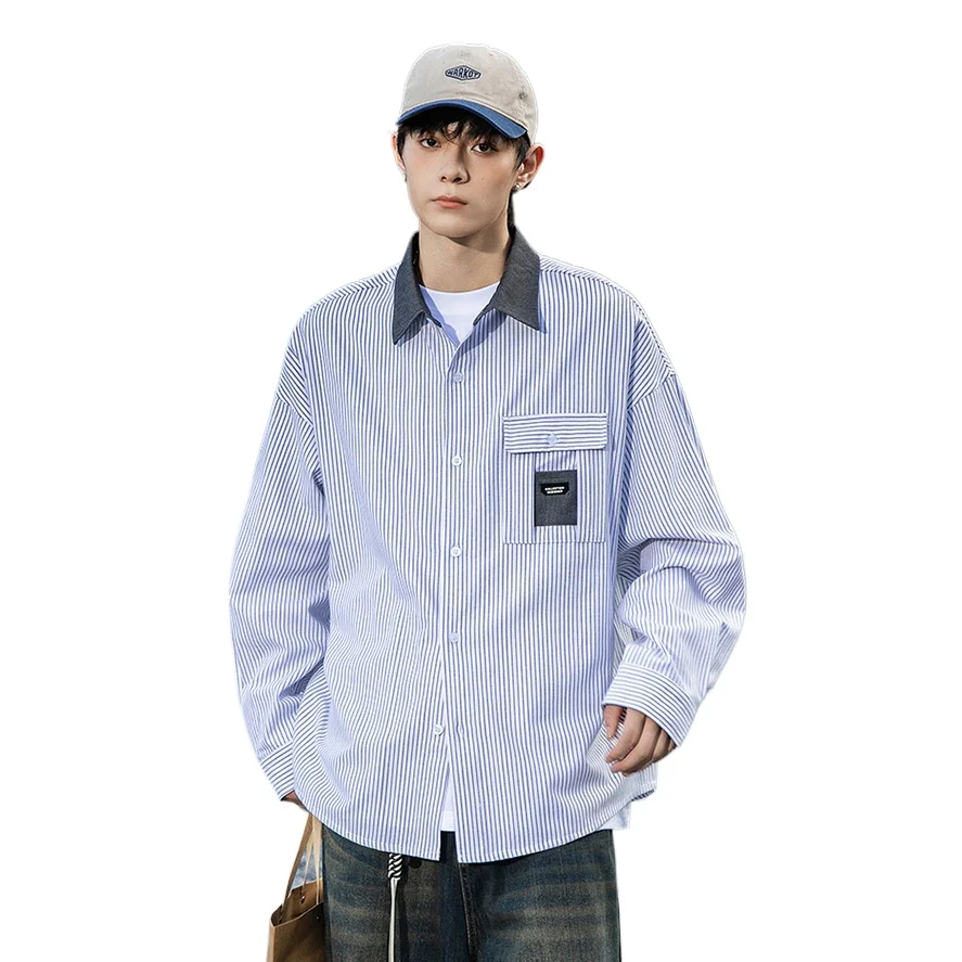 Мужские свободные повседневные рубашки в полоску с длинным рукавом и джинсовым воротником, женские японские корейские уличные рубашки, рубашки больших размеров, блузки
Мужские свободные повседневные рубашки в полоску с длинным рукавом и джинсовым воротником, женские японские корейские уличные рубашки, рубашки больших размеров, блузки