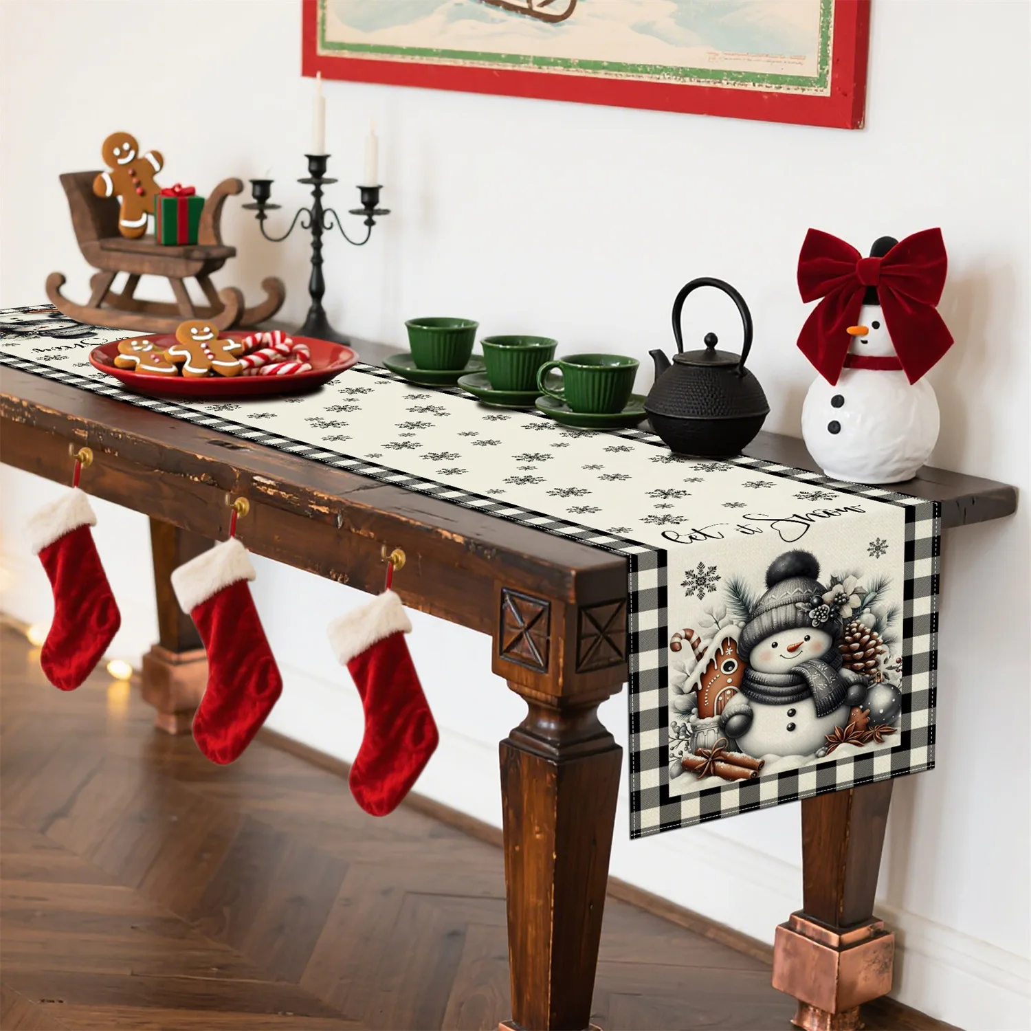 Цельная рождественская дорожка для стола с клетчатым узором и украшением снежинок и снеговиками, подходит для украшения стола
Цельная рождественская дорожка для стола с клетчатым узором и украшением снежинок и снеговиками, подходит для украшения стола