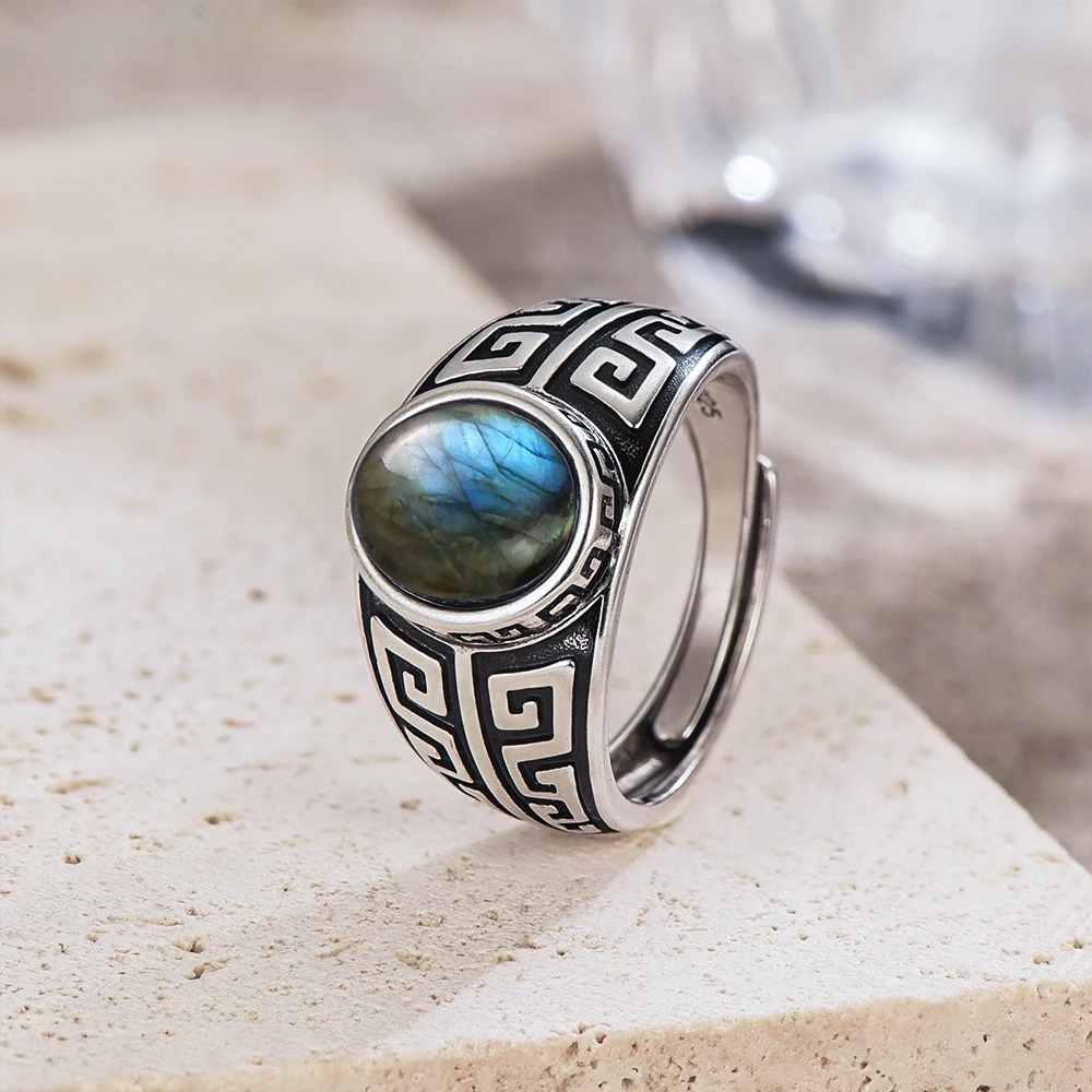 Vintage 925 Sterling Silver Labradorite Adjustable Open Ring with Natural Stone Geometric Retro Rings Fine Jewelry for Men Women
Vintage 925 Sterling Silver Labradorite Adjustable Open Ring with Natural Stone Geometric Retro Rings Fine Jewelry for Men Women