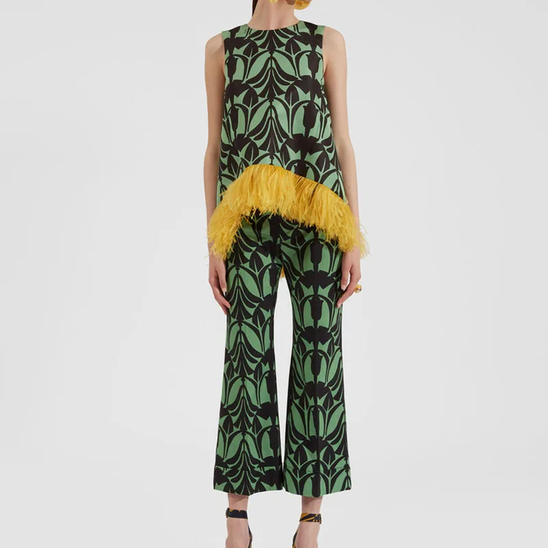 New O Neck Sleeveless Top and Long Pants Suit Fashion Feather Patchwork Print Women Outfit Elegant Temperament Slim 2 Piece Set
New O Neck Sleeveless Top and Long Pants Suit Fashion Feather Patchwork Print Women Outfit Elegant Temperament Slim 2 Piece Set