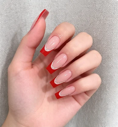 Medium Coffin Press On Nails Sheer Nude Bright Red V French Tip Fine Crystal Rhinestone Border Glossy Reusable False Nails Festive Christmas New Year Wedding Party Manicure For Women
Medium Coffin Press On Nails Sheer Nude Bright Red V French Tip Fine Crystal Rhinestone Border Glossy Reusable False Nails Festive Christmas New Year Wedding Party Manicure For Women