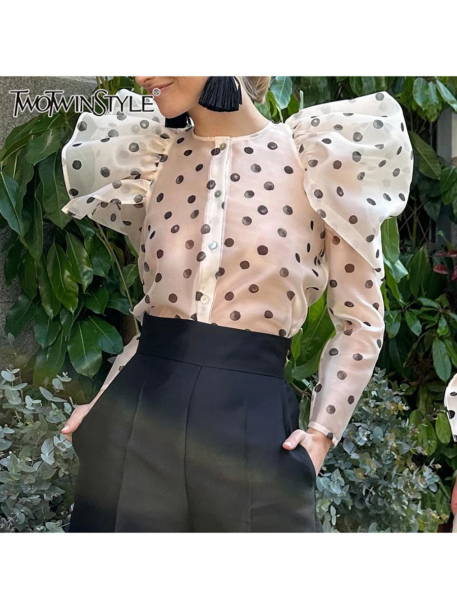 TWOTWINSTYLE Solid Sheer Spliced Wave Point Elegant Shirrts For Women Round Neck Long Sleeves Single Breasted Shirt Female New
TWOTWINSTYLE Solid Sheer Spliced Wave Point Elegant Shirrts For Women Round Neck Long Sleeves Single Breasted Shirt Female New