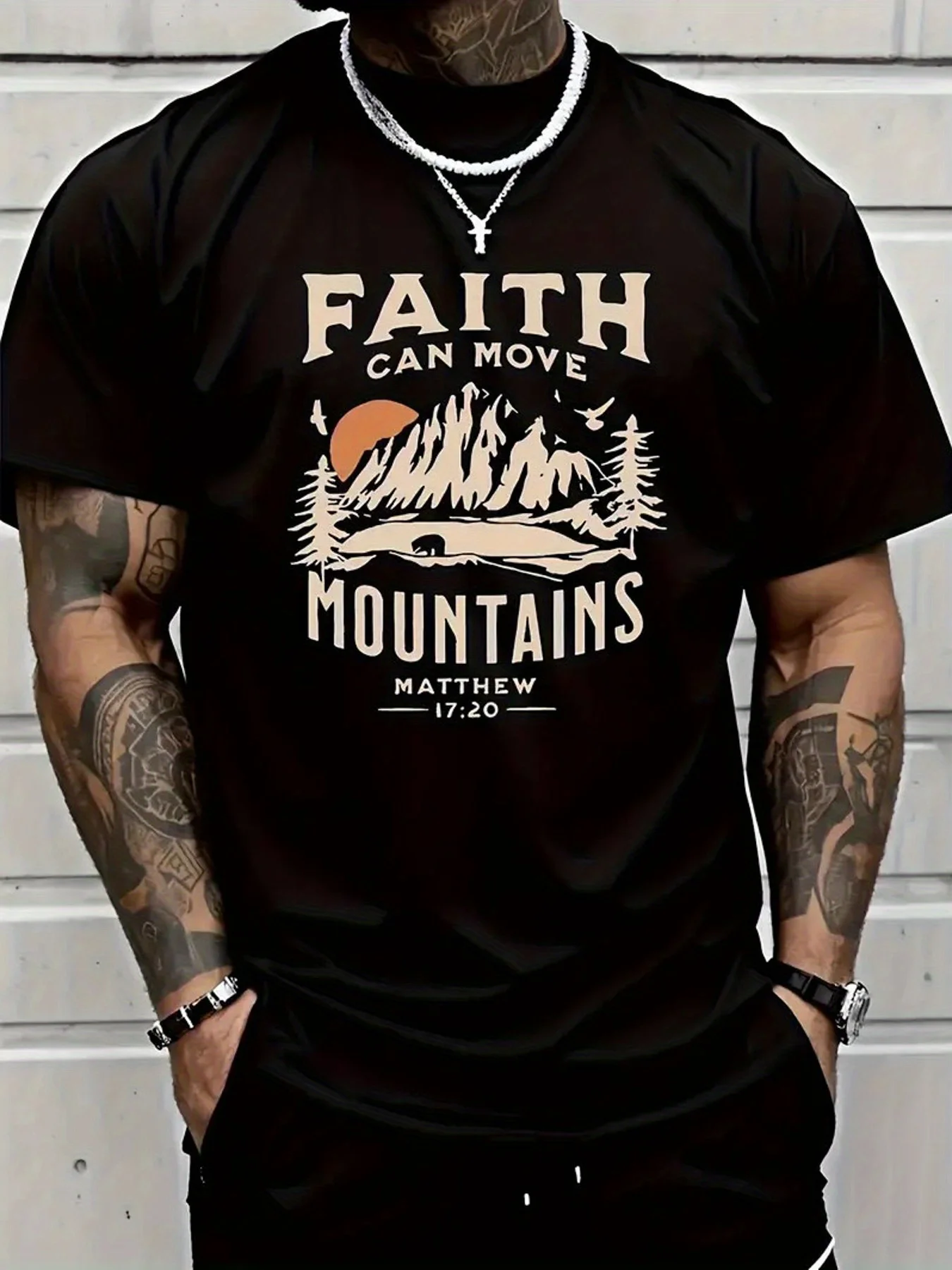 Men's Black Cotton T-Shirt S-3XL with Inspirational Mountain & Faith Letter Print - Casual, Versatile
Men's Black Cotton T-Shirt S-3XL with Inspirational Mountain & Faith Letter Print - Casual, Versatile