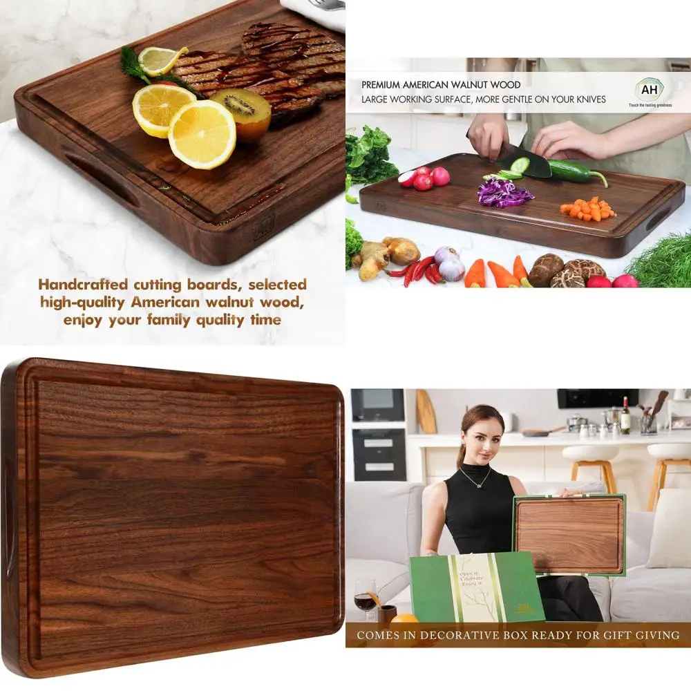 Большая разделочная доска из орехового дерева 17x11 дюймов с глубоким желобом для сока и боковой ручкой для использования на кухне
Большая разделочная доска из орехового дерева 17x11 дюймов с глубоким желобом для сока и боковой ручкой для использования на кухне