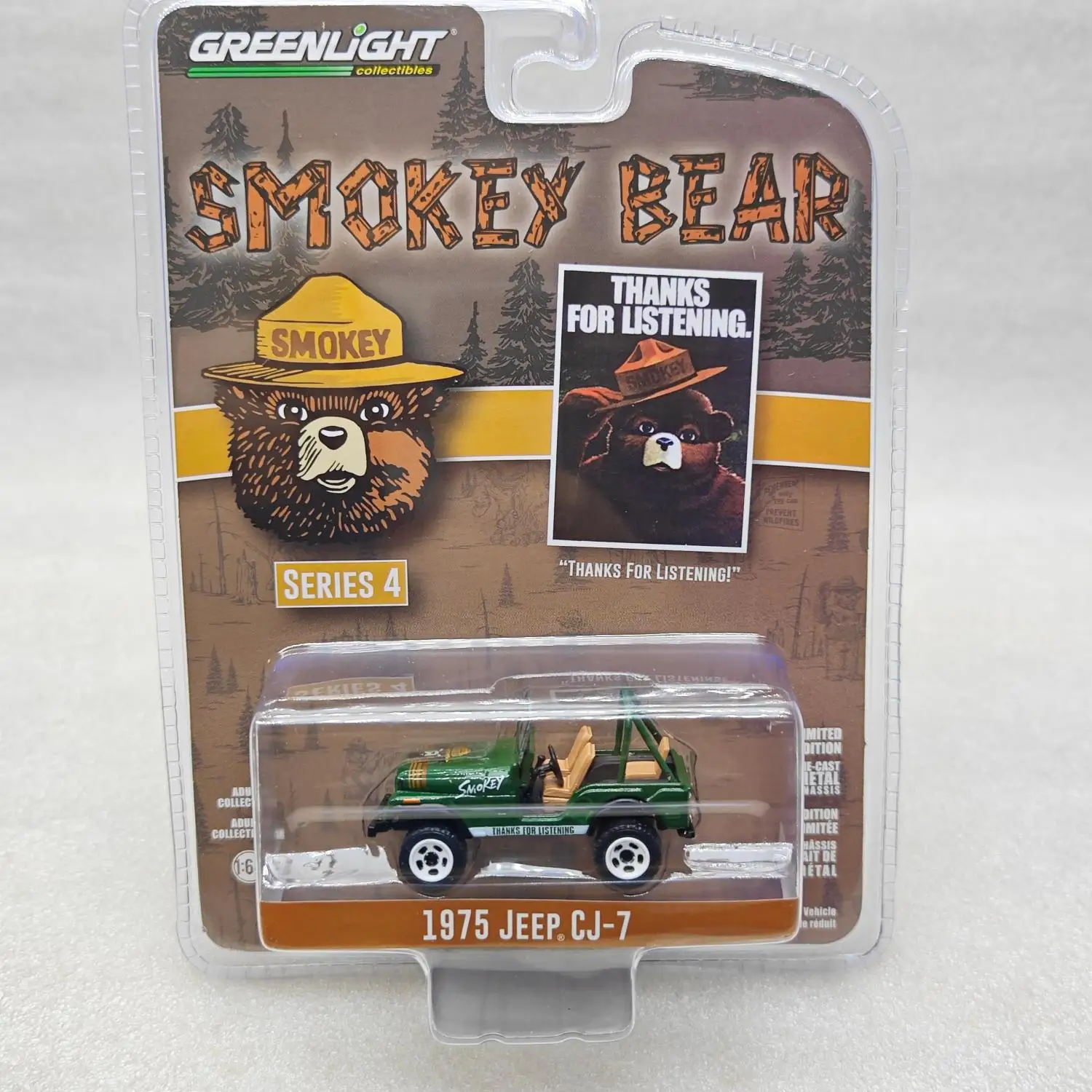GreenLight 1:64 Smoked Bear Series 4-1975 Jeep CJ-7 "Thanks for Listening" Diecast Alloy Car Model Collectible Gift
GreenLight 1:64 Smoked Bear Series 4-1975 Jeep CJ-7 "Thanks for Listening" Diecast Alloy Car Model Collectible Gift