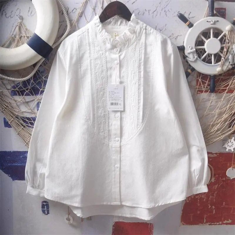 Deeptown White Sweet Floral Embroidery Ruffles Women Shirts Long Sleeve Stand Neck Japanese Fashion Blouses Loose Jk Preppy
Deeptown White Sweet Floral Embroidery Ruffles Women Shirts Long Sleeve Stand Neck Japanese Fashion Blouses Loose Jk Preppy