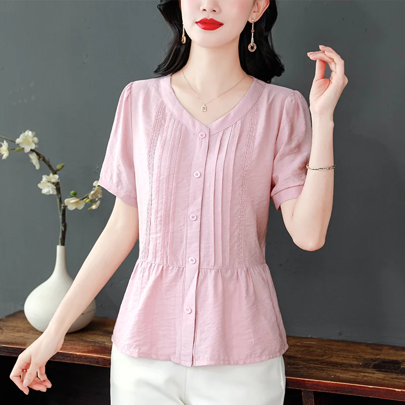 Cotton Linen Short Sleeve Shirt for Women, Summer New Design, Pleated Loose Fit, Tummy Covering V-Neck Top
Cotton Linen Short Sleeve Shirt for Women, Summer New Design, Pleated Loose Fit, Tummy Covering V-Neck Top