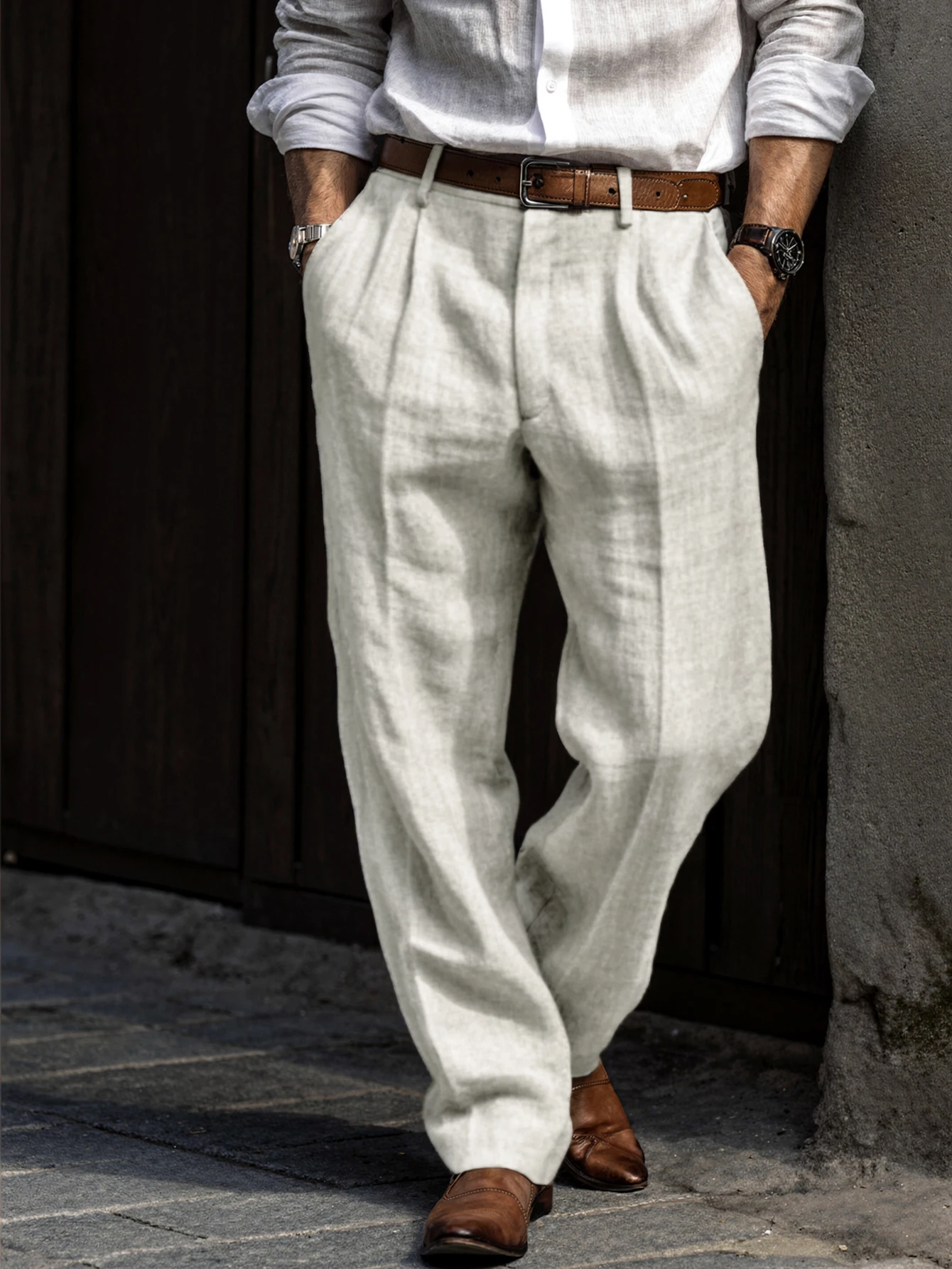 Summer Elegant Solid Linen Buttoned Formal Trousers, Italian Neapolitan Style,Solid Color Button Design, No Belt Included
Summer Elegant Solid Linen Buttoned Formal Trousers, Italian Neapolitan Style,Solid Color Button Design, No Belt Included