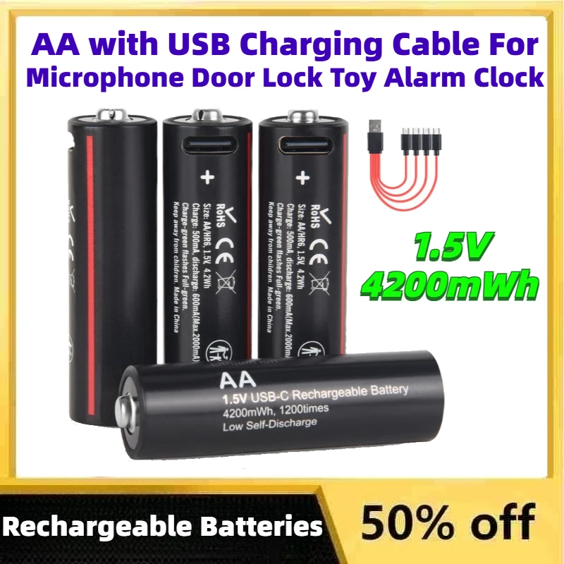 1.5V 4200mWh Lithium Battery AA Rechargeable Batteries with USB Charging Cable for Microphone Door Lock Toy Alarm Clock
1.5V 4200mWh Lithium Battery AA Rechargeable Batteries with USB Charging Cable for Microphone Door Lock Toy Alarm Clock
