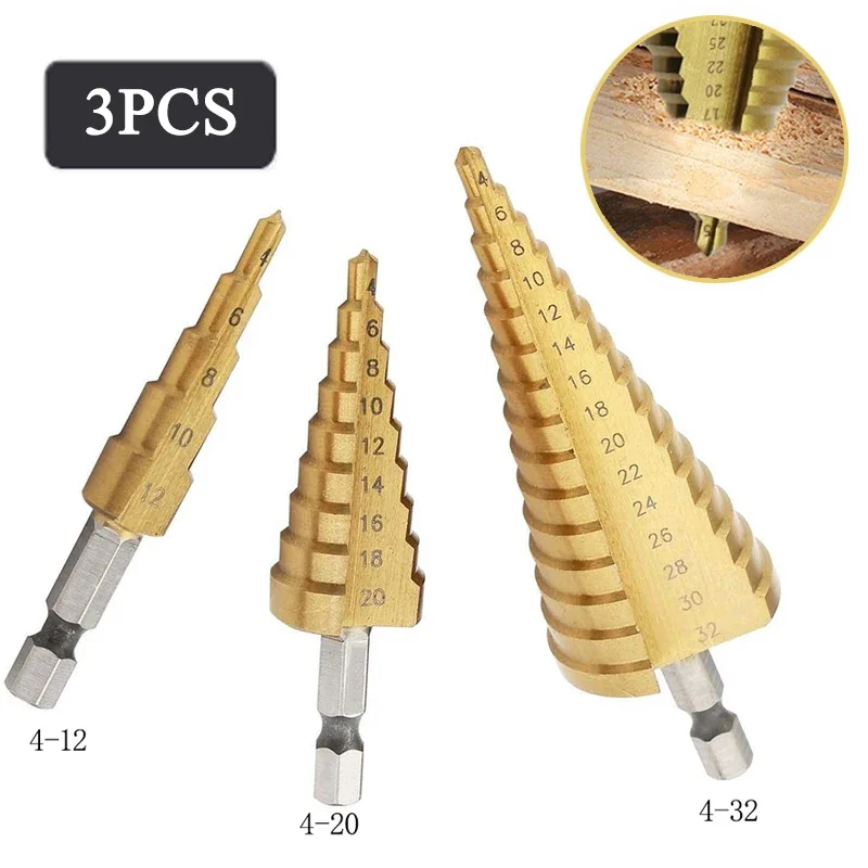 3pcs/set 4-12/20/32mmHSS Titanium Coated Hex Shank Straight Fluted Step Drill Bits for Wood Metal Reaming Tools Core Drill Set
3pcs/set 4-12/20/32mmHSS Titanium Coated Hex Shank Straight Fluted Step Drill Bits for Wood Metal Reaming Tools Core Drill Set