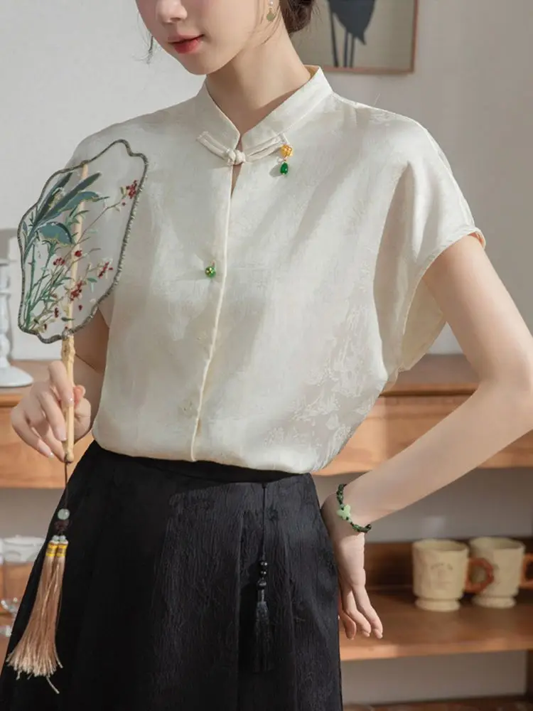 New Chinese Style Summer Temperament Shirts Y2k Stand Collar Short Sleeve Satin Jacqaurd Vintage Women Shirt Soft All Match Top
New Chinese Style Summer Temperament Shirts Y2k Stand Collar Short Sleeve Satin Jacqaurd Vintage Women Shirt Soft All Match Top