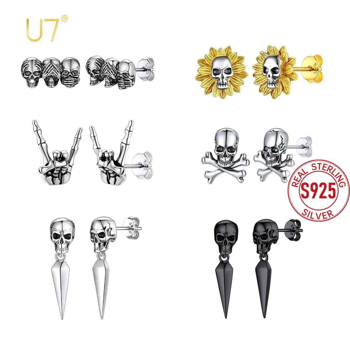U7 925 Sterling Silver Stud Earrings Rock Hand Gesture Skeleton Skull Hands Earrings Rivets Punk Gothic Unisex Jewelry Gift
U7 925 Sterling Silver Stud Earrings Rock Hand Gesture Skeleton Skull Hands Earrings Rivets Punk Gothic Unisex Jewelry Gift