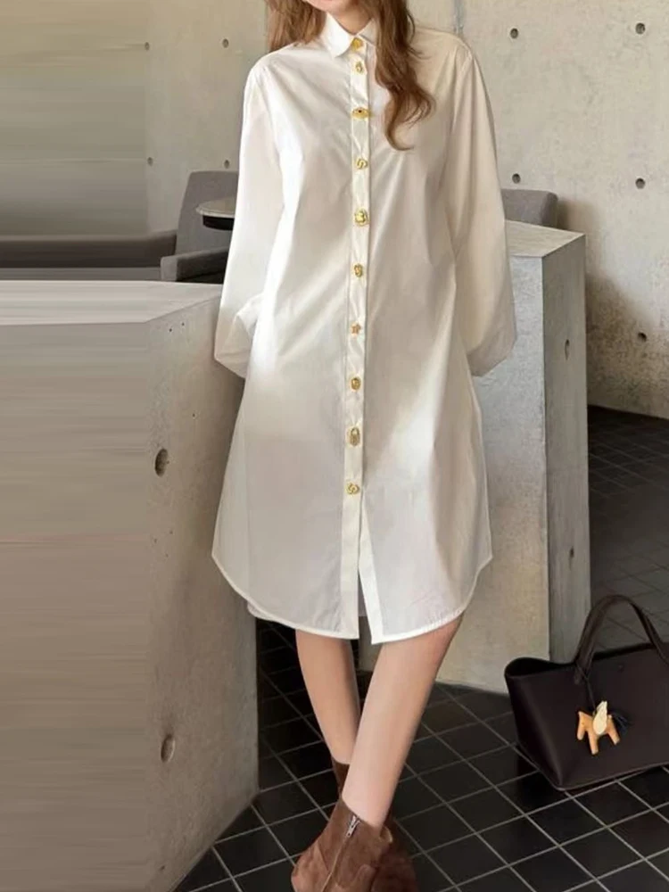 25 early spring women's new lapel single-row long-sleeved loose shirt skirt fashion solid color temperament long A-line dress
25 early spring women's new lapel single-row long-sleeved loose shirt skirt fashion solid color temperament long A-line dress