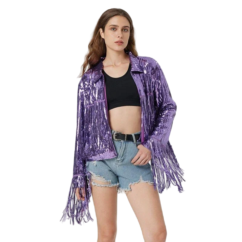 Festival Women's Clothing Carnival Wear Shiny Sequins Jacket Fringes Sleeve Baseball Collar Jacket For Party Club Outer Wear
Festival Women's Clothing Carnival Wear Shiny Sequins Jacket Fringes Sleeve Baseball Collar Jacket For Party Club Outer Wear