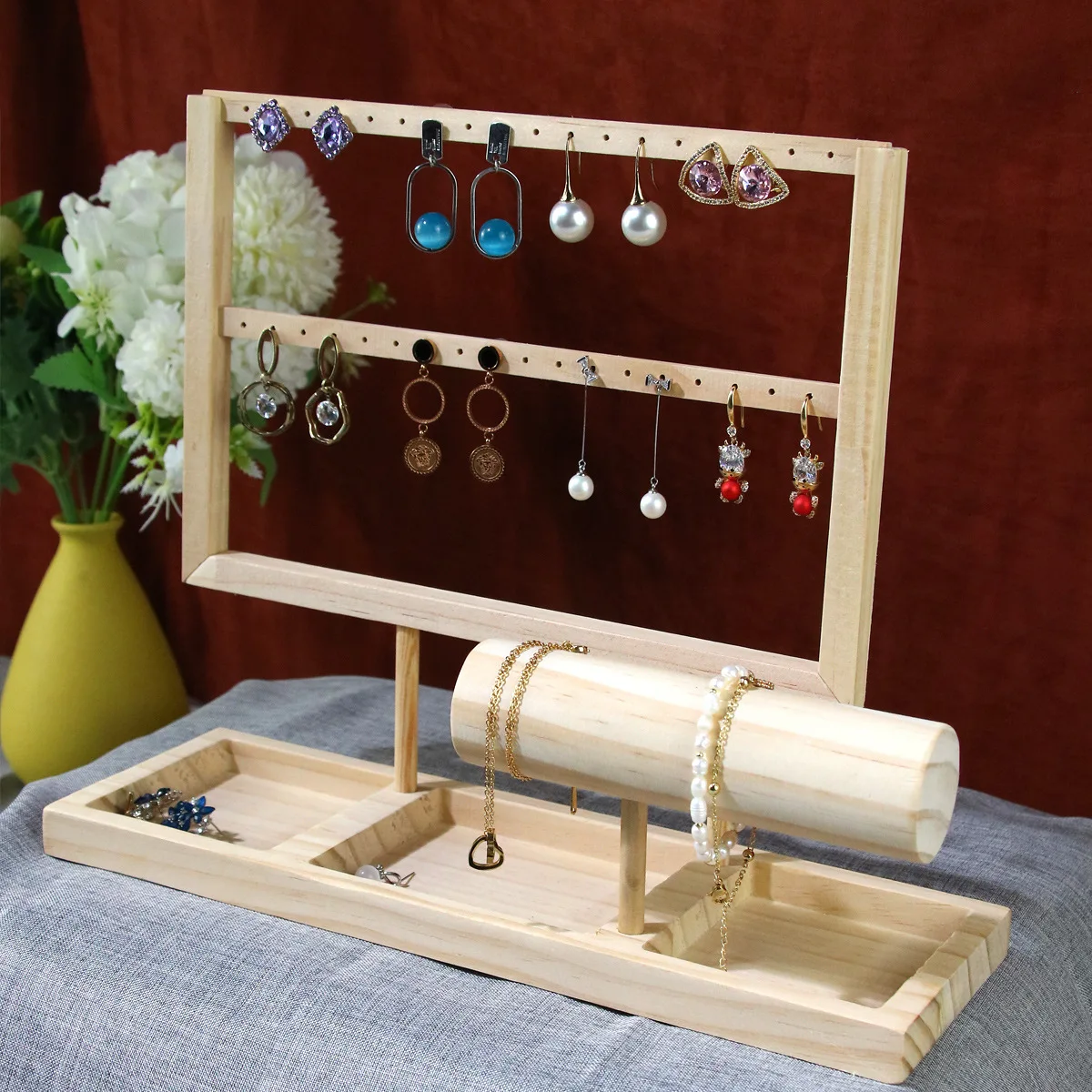 1 Pcs All-in-One Wooden Jewelry Organizer Stand with Earring Holes Bracelet Rod & Ring Tray Jewelry Packaging Display
1 Pcs All-in-One Wooden Jewelry Organizer Stand with Earring Holes Bracelet Rod & Ring Tray Jewelry Packaging Display