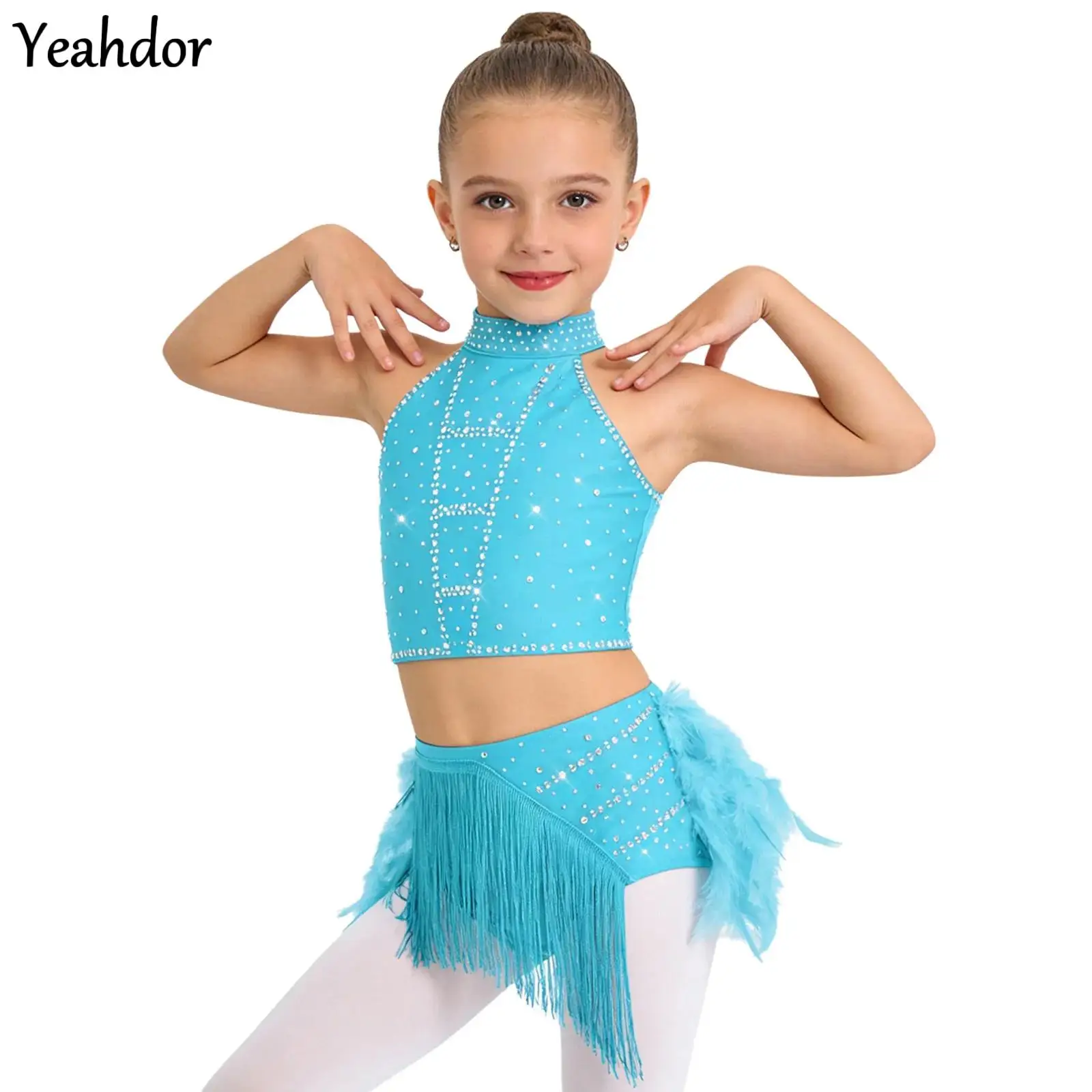 Kids Girls Latin Dance Outfit Samba Rumba Cha-Cha Dancewear Halter Sleeveless Strappy Back Crop Top with Tassels Feather Skirt
Kids Girls Latin Dance Outfit Samba Rumba Cha-Cha Dancewear Halter Sleeveless Strappy Back Crop Top with Tassels Feather Skirt
